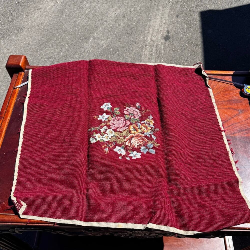 completed vintage wool needlepoint canvas classic Victorian-style floral bouquet